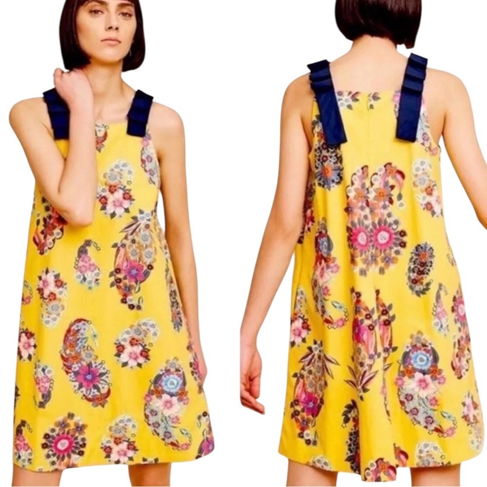 Anthropologie Maeve Sunniva Yellow Floral Ribbon Strap A-Line Mini Dress - M
